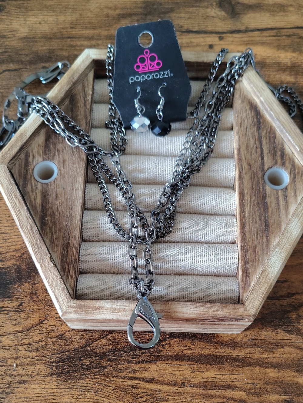 Paparazzi Gunmetal Layered Chain Necklace with Black Bead Earrings